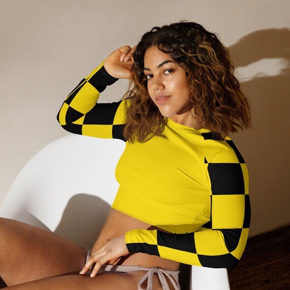 Bright Yellow Ladies Crop Top with Bight Yellow and Black Checker Long Sleeves , Swimwear / Activewear for Women