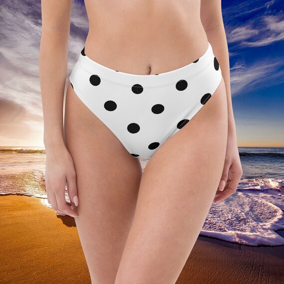 White & Black Polka Dots High-Waisted Bikini Bottom, Mix and Match Women's Swimsuits