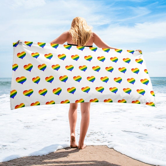 Rainbow Hearts Beach Towel, Vibrant Color Pool Towel, Soft Premium Quality Bath Towel,  30 x 60