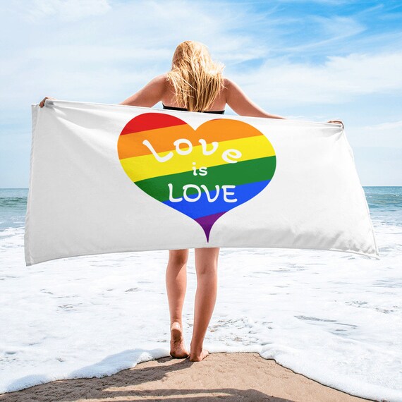 Love is Love Rainbow Heart Beach Towel, Vibrant Color Pool Towel, Soft Premium Quality Bath Towel,  30 x 60