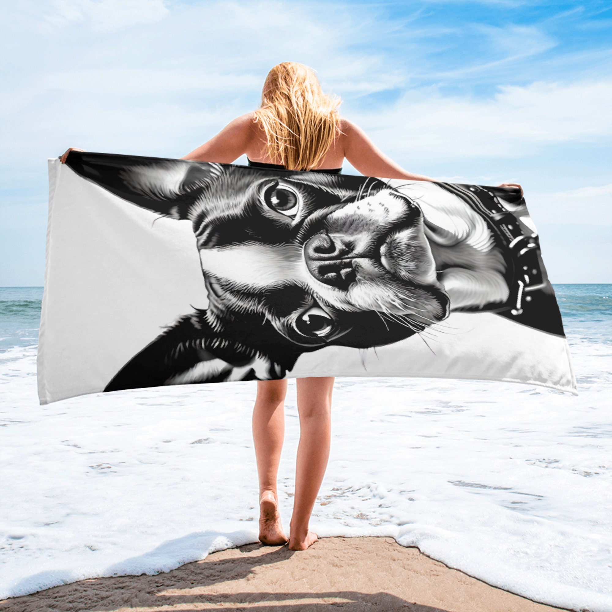 Black Boston Terrier Beach Towel, Soft Dog Print Towel, Cute Pet Lover