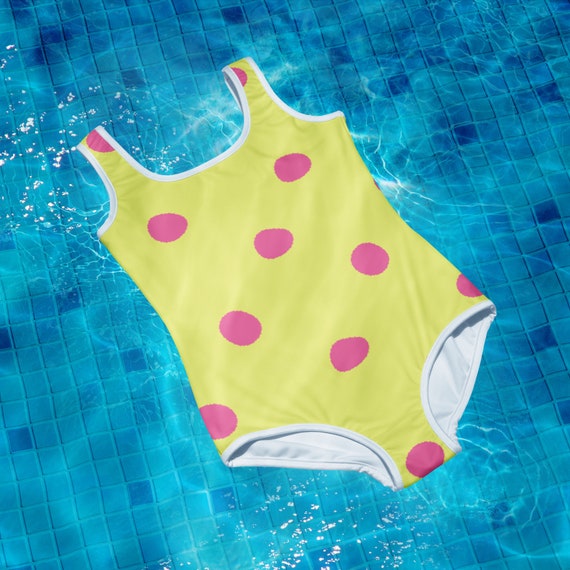 Dolly Yellow with Brilliant Rose Pink Polka Dots Youth Swimsuit