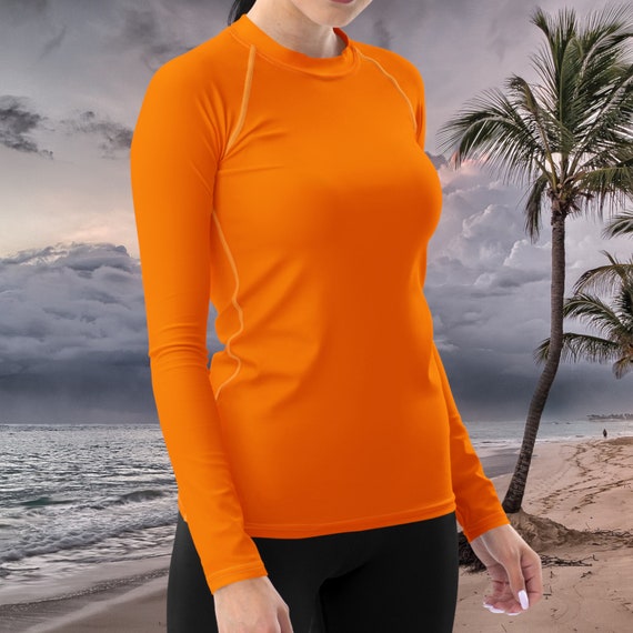 Solid Bright Neon Orange Women's Rash Guard, Swimwear / Activewear for Ladies, Mix and Match Women's Swimsuits