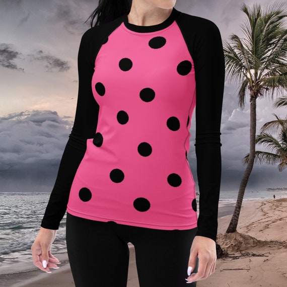 Brilliant Rose Pink with Black Polka Dots & Sleeves Women's Rash Guard, Swimwear / Active Wear Top for Ladies, Mix and Match Swimsuits