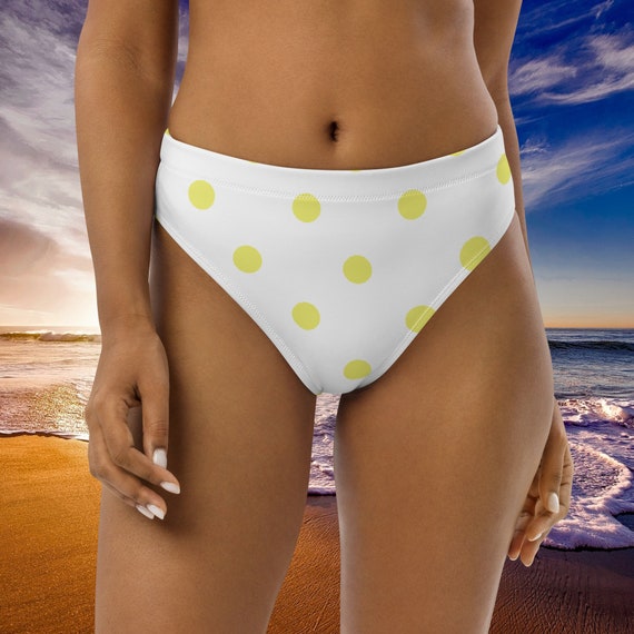 White with Dolly Yellow Polka Dots High-Waisted Bikini Bottom, Mix and Match Women's Swimsuits