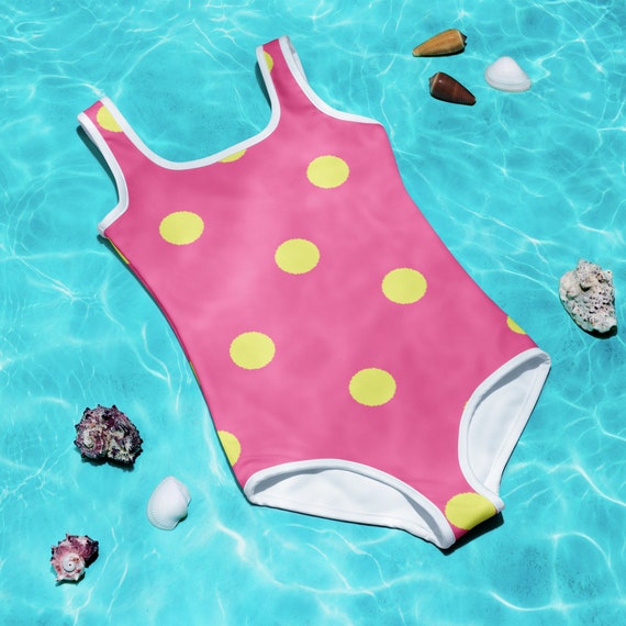 Brilliant Rose Pink with Dolly Yellow Polka Dots Kids Swimsuit