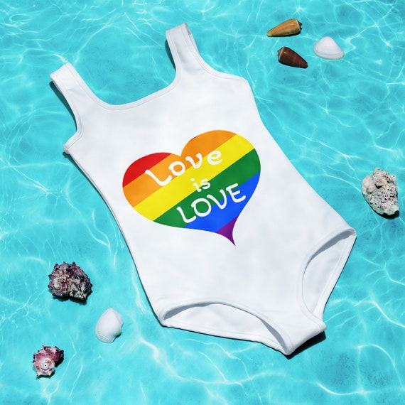 Rainbow Heart "Love is LOVE" One Piece Kids Swimsuit