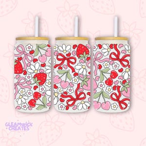 Strawberry Bows Glass Cup | Iced Coffee, Matcha Tumbler | Beer Glass Can | Spring themed Cup| Red floral Gift