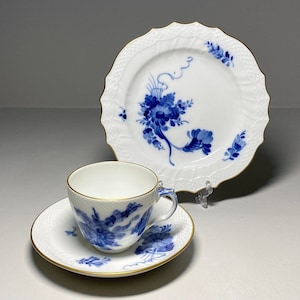Royal Copenhagen Blue Flower Gold Coffee Set No. 1870, Royal Copenhagen Blue Flower Goldrim Coffee Cup, Saucer and Desert Plate #1625
