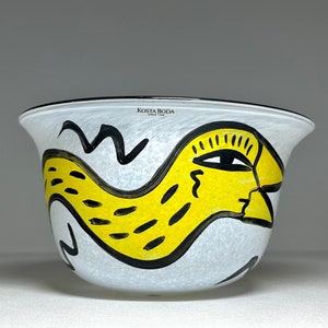Rare Ulrica Hydman-Vallien Atelier Signed Art Glass Bowl, Kosta Boda Afors Ulrica Hydman Vallien Birds and Faces Art Glass Vase image 1
