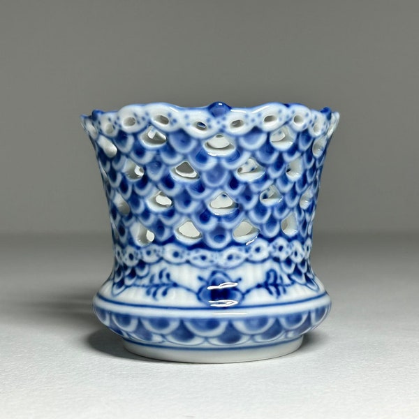 Royal Copenhagen Blue Fluted Full Lace Vase #1015, Royal Copenhagen Musselmalet #1015 Small Vase, Blue Fluted Full Lace Candle Holder