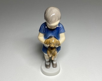 Bing and Grondahl Figurine #1747 Boy and Ole, Bing and Grøndahl Porcelain Figurine 1747, B&G Figurine Boy Holding a Dog