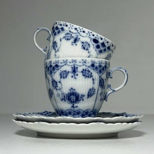 Set of 2 Royal Copenhagen Blue Fluted Full Lace Coffee Sets No 1035, Royal Copenhagen Musselmalet Blue Fluted Full Lace Cup and Saucer #1035
