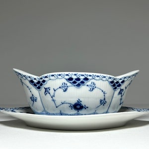 Royal Copenhagen Blue Fluted Half Lace 1/587 Sauce Boat, Royal Copenhagen Denmark Musselmalet Sauce Bowl, Blue Fluted Half Lace #587