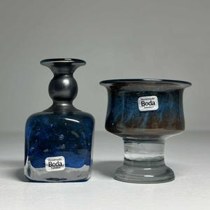 Set of 2 Kosta Boda Bertil Vallien Art Glass Miniatures No 3 and 8, Bertil Vallien Boda Afors Miniature Footed Bowl and Bottle Vase