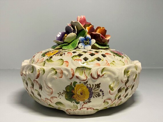 Vintage Hand Painted Small Italian Ceramic Floral Capodimonte Style Trinket Basket
