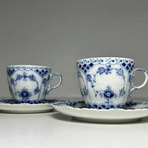 Set of 2 Royal Copenhagen Blue Fluted Full Lace Coffee Sets No 1035, Royal Copenhagen Musselmalet Blue Fluted Full Lace Cup and Saucer #1035