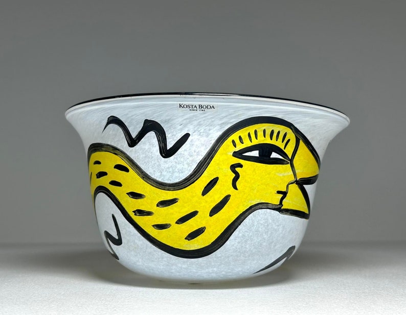 Rare Ulrica Hydman-Vallien Atelier Signed Art Glass Bowl, Kosta Boda Afors Ulrica Hydman Vallien Birds and Faces Art Glass Vase image 1