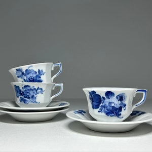 Set of 3 Royal Copenhagen Blue Flower Coffee Sets 10/8562, Royal Copenhagen Blue Flower Espresso Cups and Saucers