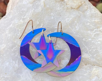 Titanium Moon and Star Pt. 2 Dangle Earrings - Hypoallergenic