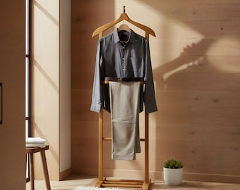 Handmade Solid Wood Valet Stand, Men’s Clothes Organizer, Suit Hanger Rack for Bedroom