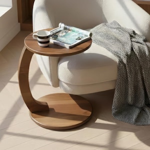 Walnut C Shaped Side Table, Wood Sofa End Table for Laptop & Coffee