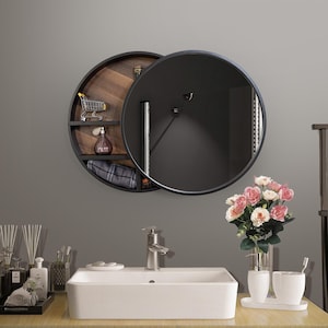 24 Inch Round Mirror With Bathroom Cabinet Wall Mounted Mirror With Wood  Round Medicine Cabinet Mirror for Bathroom & Kitchen Wall Decor 