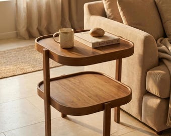 Solid Wood Side Table with Shelf, Oak or Walnut Bedside Table