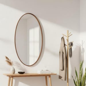 May include: A minimalist entryway scene featuring a wooden console table, a large oval mirror with a brown frame, and a coat rack. A beige rug with a white border sits on the floor. A potted snake plant adds a touch of greenery.