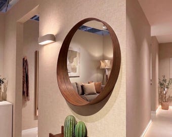 Round Deep Edge Wall Mirror, Solid Wood Oak or Walnut, Entryway & Bathroom Mirror