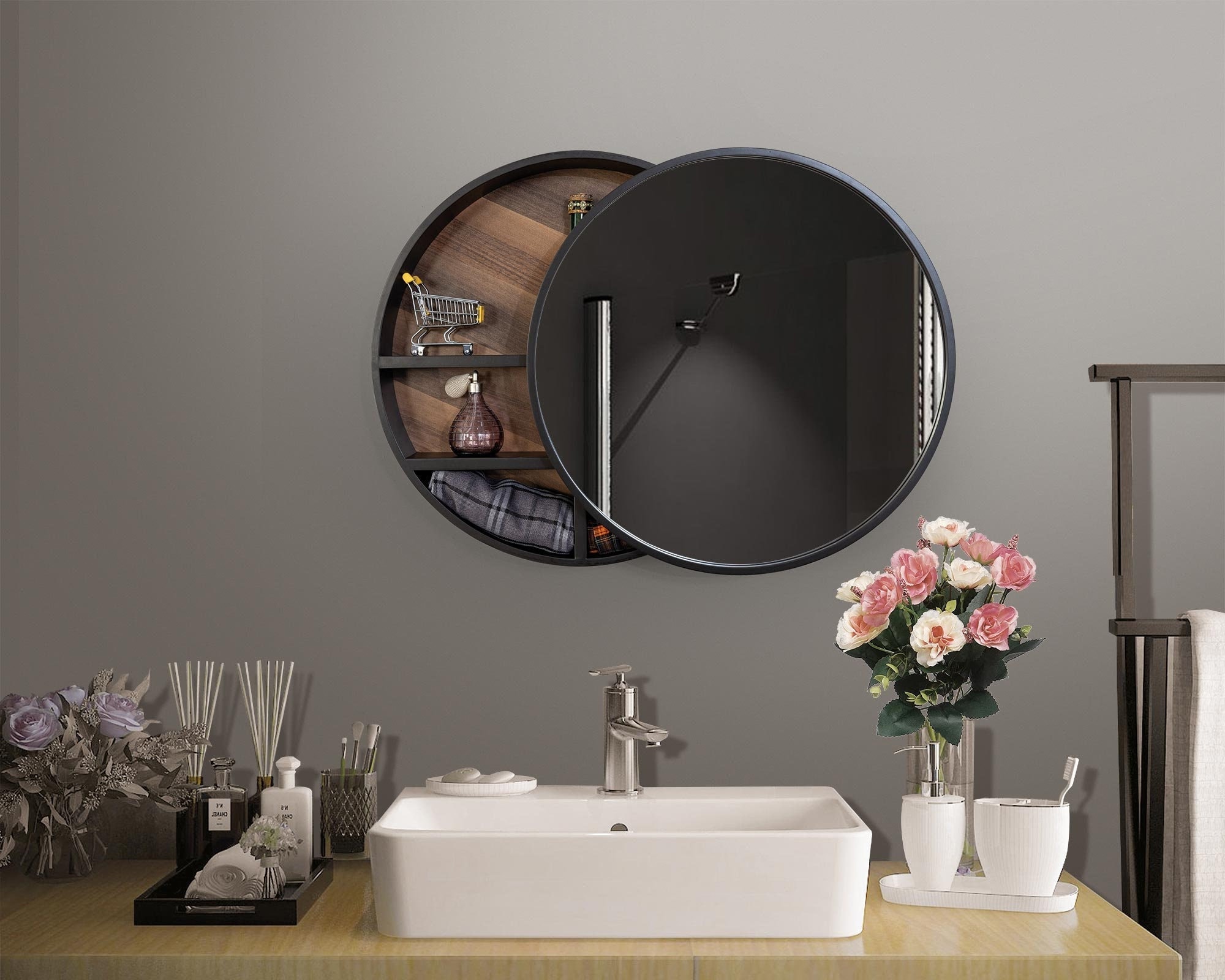 28 inch Round Bathroom Mirror, Black Round Mirror with Metal Frame, Modern Home Decor