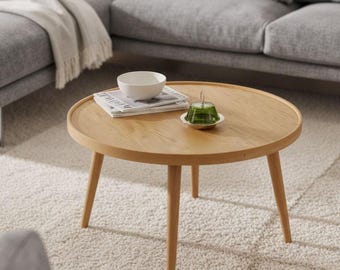 Round Wooden Coffee Table, Oak or Walnut Frame, Living Room Center Table