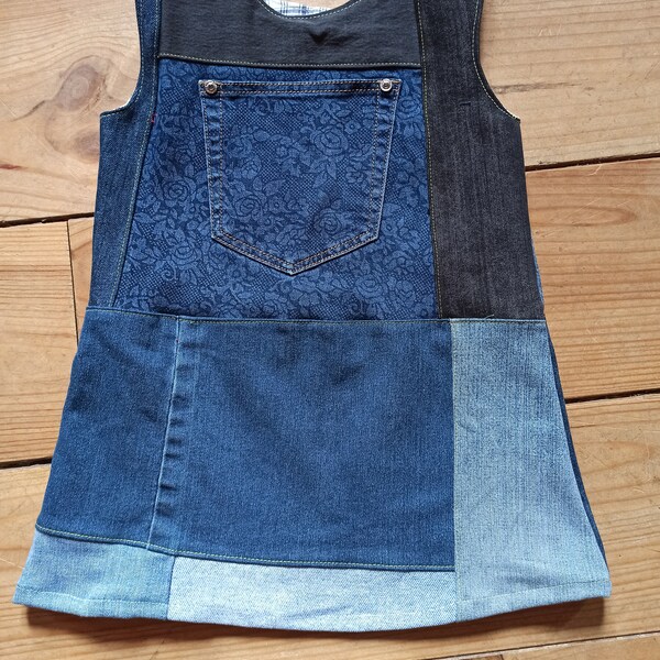 Robe chasuble fille, en patchwork de jeans recyclés, taille 3/4ans