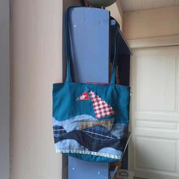 Sac en tissu avec deux anses porté épaule en coton motif bateau mer