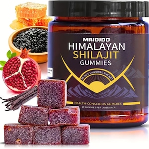 May include: A jar of Himalayan Shilajit Gummies with text on the label. The image includes a pomegranate, honey, and vanilla beans. The gummies are stacked in front of the jar. The label says "60 Days Sun Dried Shilajit".