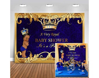 Royal Prince Baby Shower Backdrop Golden Crown Rhombus Background Baby Little Boy Shower Party Bule Curtain Banner Supplies Decoration?