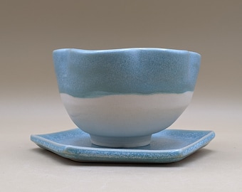 4.75" Altered Rim Edge Artisan Made Ceramic Bowl Planter with Drainage Hole & Hexagon Drip Tray - 3"H x 4.75" W - Light Blue / White