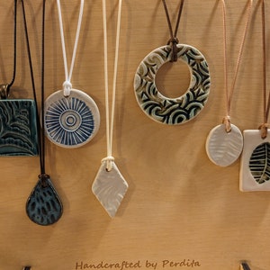 Choice of Artisan Handmade Ceramic Pendant Necklace - Thin Waxed Cotton Adjustable Cord - Boho Style - Stoneware Clay