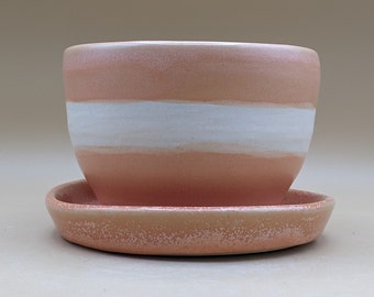 5" Artisan Made Ceramic Bowl Planter with Drainage Hole & Drip Plate - 3.5"H x 5" W - Papaya Orange / White - Wheel Thrown