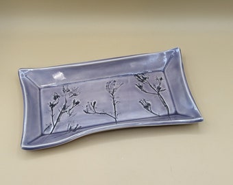 Oregano Flower Imprint Light Purple (Lavender) Artisan Handmade Rectangular Ceramic Tray -  9.75" x 5.25" - Unique Studio Pottery -Stoneware