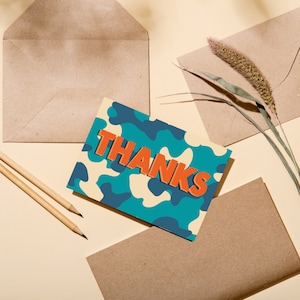 Pacote com 10 cartões postais de agradecimento com envelope Kraft - Design de camuflagem azul