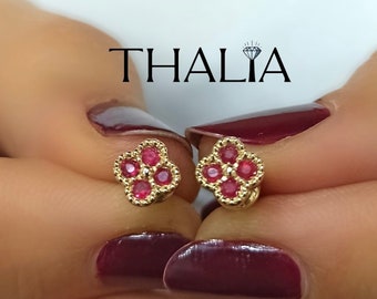 Clover Earring/ Ruby Earring in 14k Gold / Stud Earring/ Ruby Stud Earring/ Clover earring /Valentine's Day Gift for her/14k earring