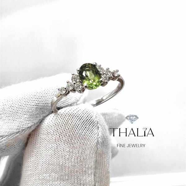 Green Sapphire Ring,14 K Gold Minimalist Oval Green Colored Sapphire Ring,Sapphire Cluster Ring,Diamond Ring,Stackable Ring,Valentine's Day