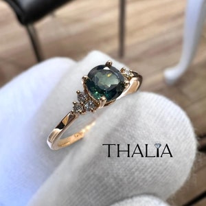 Teal Sapphire Ring,14K Gold Natural Teal Sapphire Diamond Ring, Gold Cluster ring, Round Saphire ring, Sapphire cluster ring,Gift