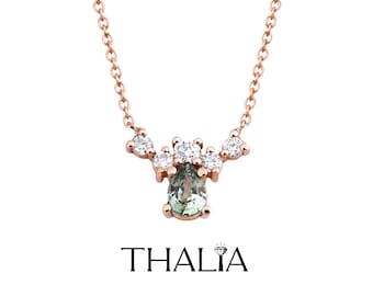 14K Gold Green Sapphire Teardrop Necklace, Diamond Cluster