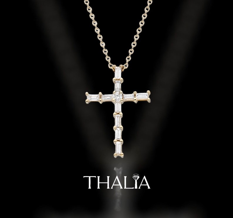 14K-Gold Baguette Diamond Cross Necklace 14k gold Baguette Diamond Tiny Cross Necklace Unique Diamond Cross Pendant Baptism Gift