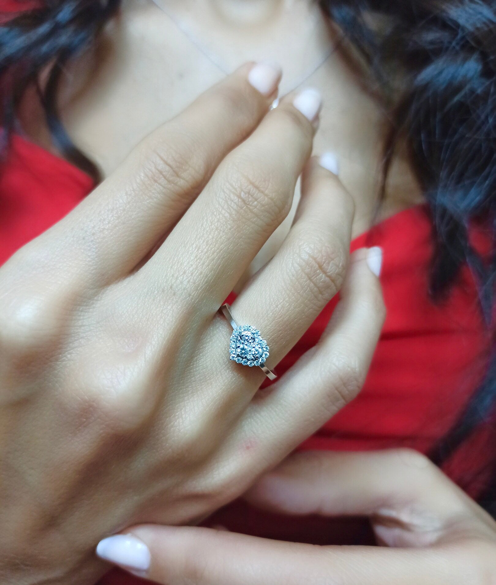 Bague En Or 14 Carats - Coeur En Or Blanc Et Diamants - Poids 2,96 G - Occasion