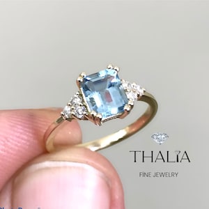 Aquamarine Ring, 14 K Gold Aquamarine Ring,Rose Gold Unique Engagement Ring,Naturel Aquamarine Ring, Diamond  Art Deco Women Ring,Natural