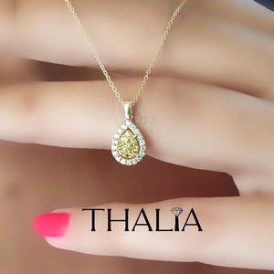 Yellow Diamond Necklace,White Diamond Pendant Necklace,14k Gold Yellow Diamond with Surrounding Diamonds Pendant,Gift For Her