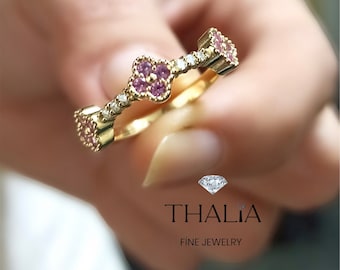 Clover Ring / Half Eternity Pink Sapphire and Diamond Ring in 14k Gold / Stacking Ring /Pink Sapphire Stackable Ring / September Birthstone,